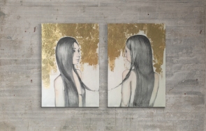 Sorelle - dittico 60 x 80 tecnica mista acrilico su tela e grafite / fusaggine e foglia oro